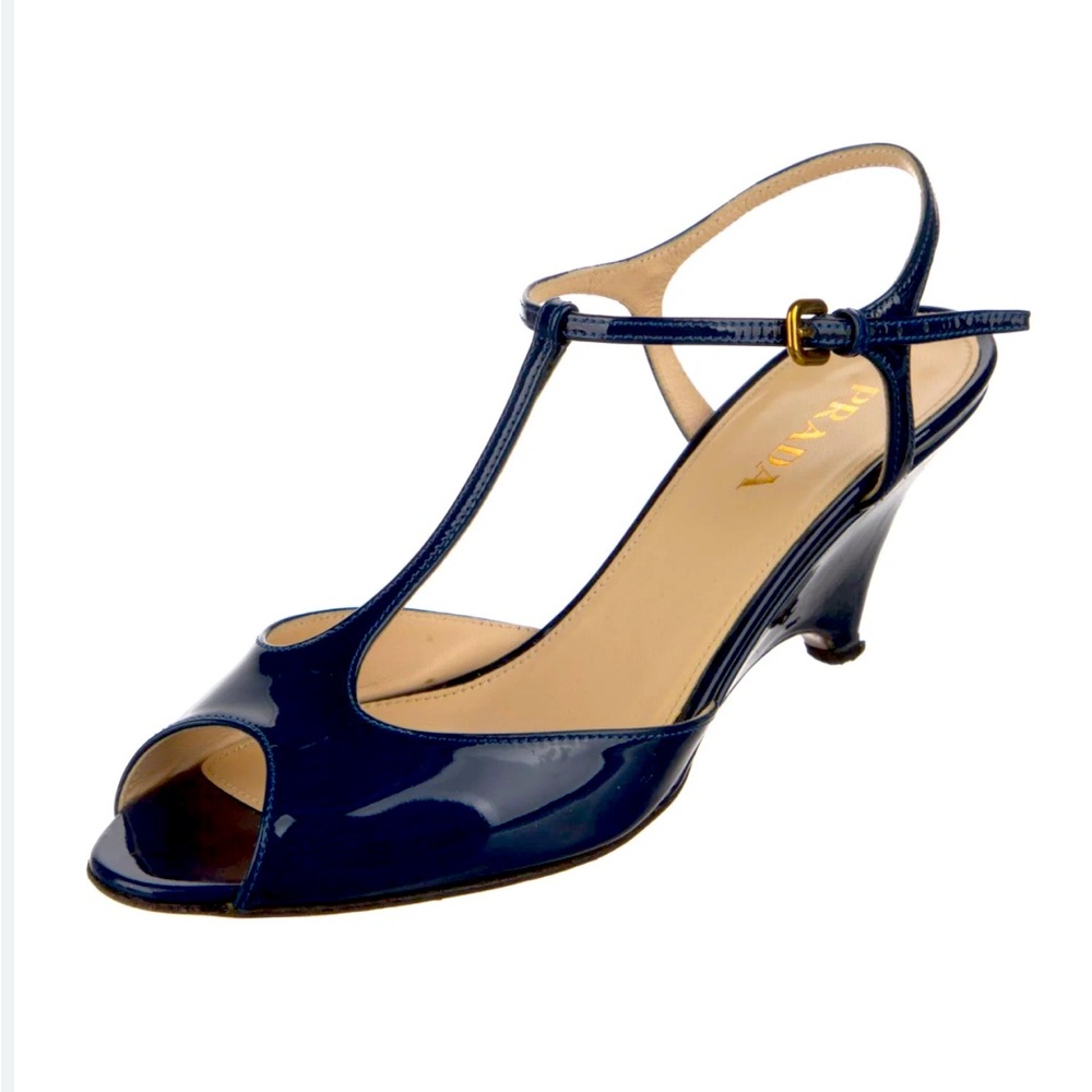 Prada T Strap Patent Leather Wedge Heels